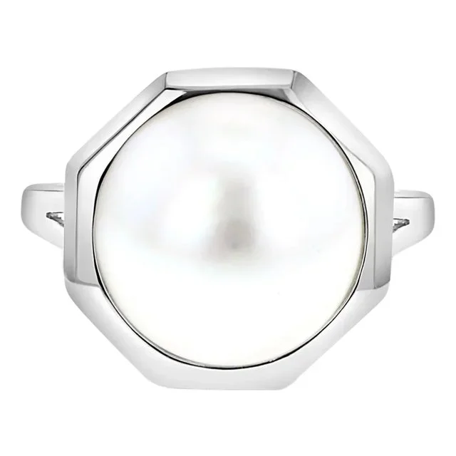 13MM Octagon Shaped Mabe Pearl Ring 14k White Gold, Size 5