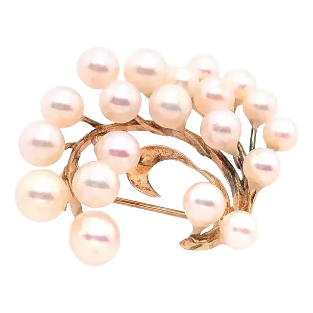 14 Karat Yellow Gold Freeform Brooch With Twenty Cultured Pearls