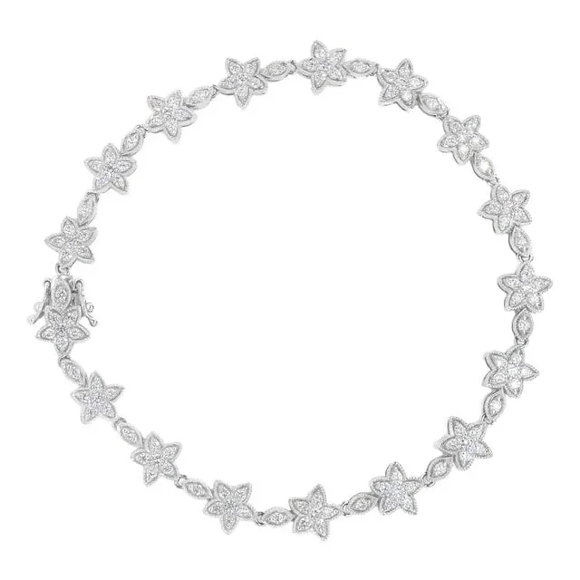 14K White Gold 1 1/5 Cttw Round Diamond Flower Blossom Link Bracelet (H-I Color, SI1-SI2 Clarity) – Size 7″