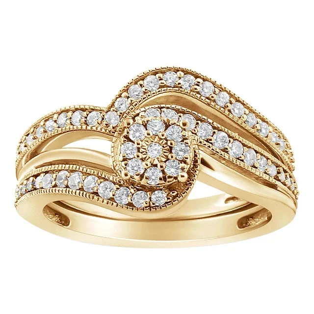 14K Yellow Gold Plated .925 Sterling Silver 1/3ct Cttw Multi-Diamond Bypass Vintage-Style Bridal Set Ring and Band (I-J Color, I3 Clarity) – Size 8