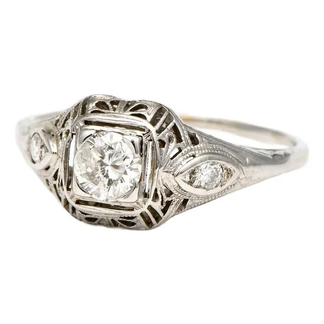 14KW Art Deco Diamond(0.41) Ring, size 8
