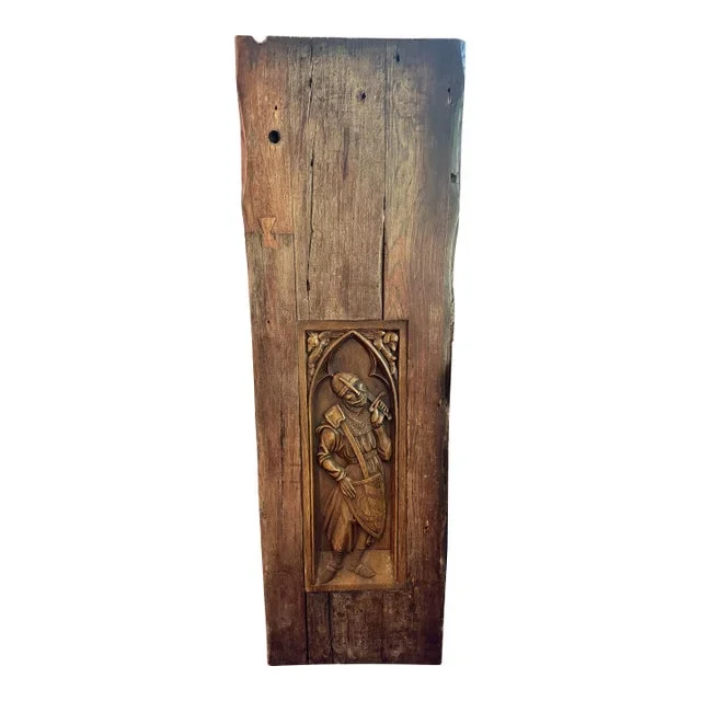 1880’s English Carved Oak Gothic Style Crusader Knight in 18th Century Thick Plank
