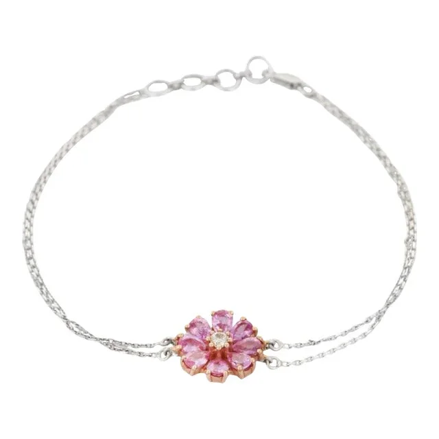 18k Gold 1.36 Ct Pink Sapphire Flower Diamond Bracelet