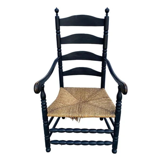 18th Century American New England Painted Maple Rush Seat Ladder Back Armchair