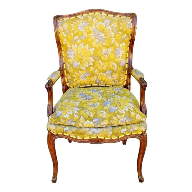 18th-Century Louis XV Citrine Floral Jacquard Walnut Wingback Armchair