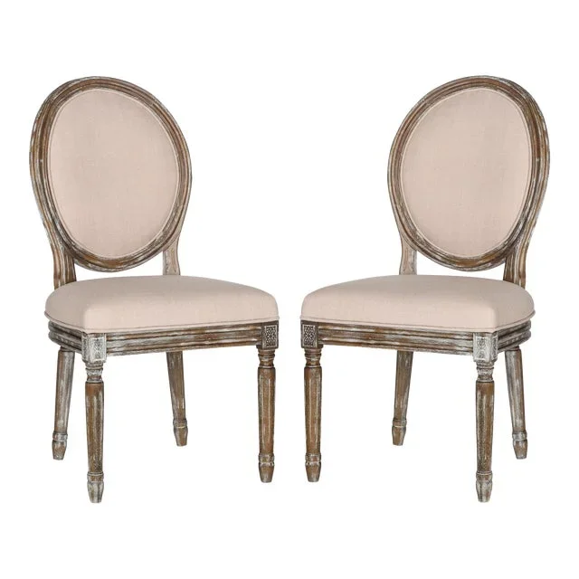 19”H French Brasserie Linen Oval Side Chair , Beige & Rustic Oak – a Pair