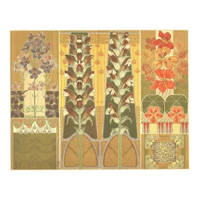 1900 French Antique Art Nouveau Botanical Decorative Chromolithograph, Matted
