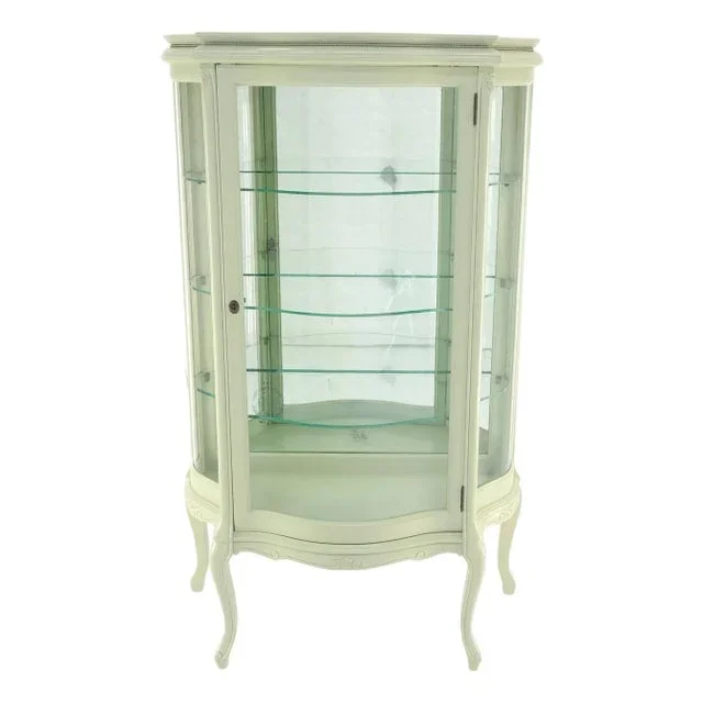 1920s Curved Glass Light Olive Tone Lacquer Finish Curio Display Cabinet