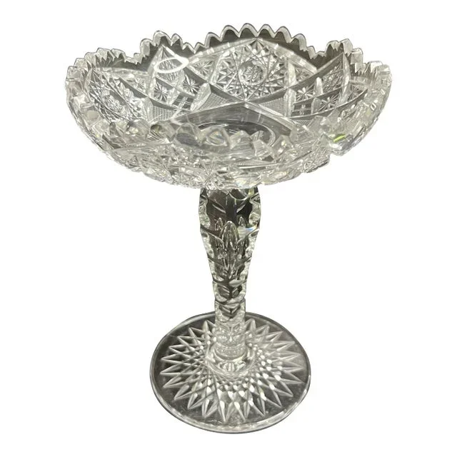 1930s American Brilliant Cut Glass Teardrop Zipper Stem Pedestal Serving Dish