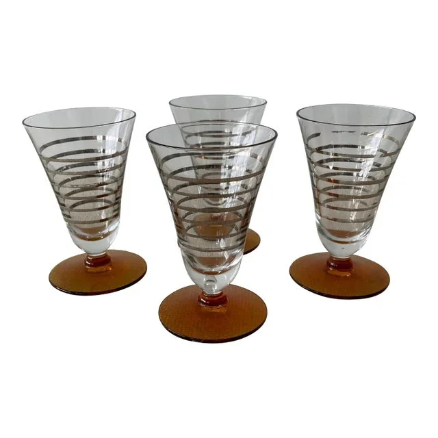 1930s Art Deco Blown Glass Cocktail Glasses With Amber Foot & Silver Leaf- Set of 4