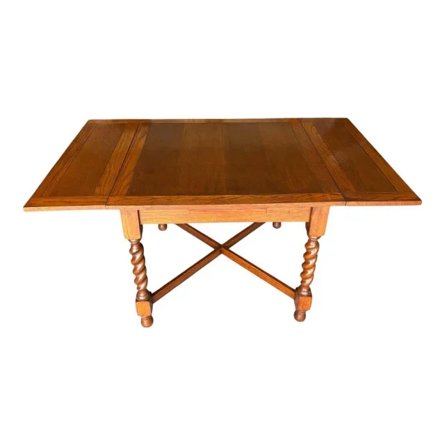 1930s Draw Leaf Table – Solid Oak – Barley Twist