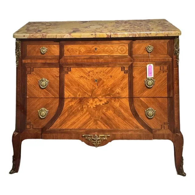 1930s French Marquetry Inlaid Marble Top Chest