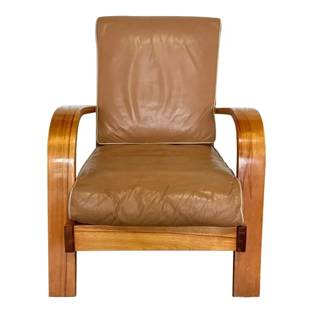 1930s Machine Age Russell Wright Figured Tiger Maple Leather Lounge Chair