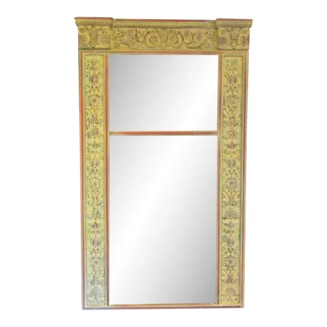 1940s French Trumeau Large Wall Mirror Pale Green Painted With Red Trim