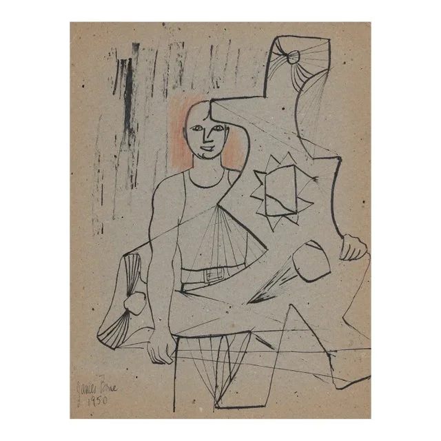1950 James Bone Figure With Sculpture Drawing