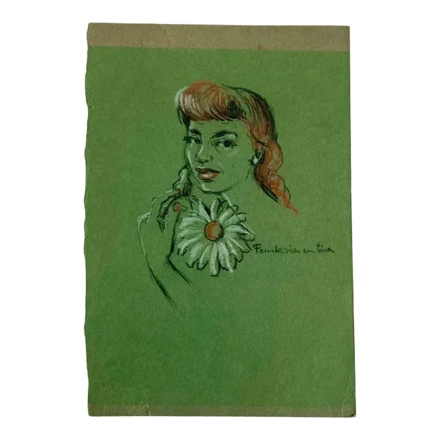 1950s Original Modern Portrait Pastel Drawing of a Woman on Green Paper