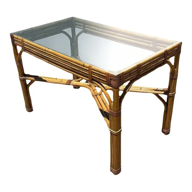 1950s Restored Glass Top “X” Base 3-Strand Rattan Dining Table