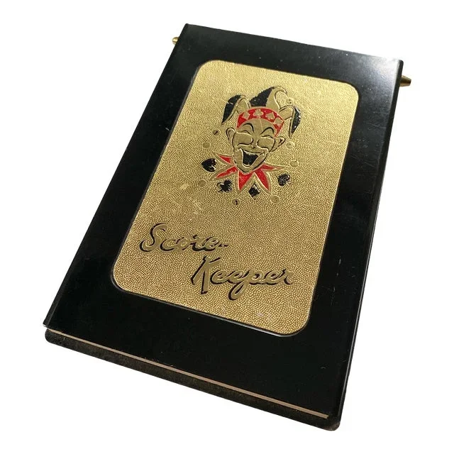 1960s Black and Gold Gilt Metal Card Game Bridge Score Pad With Joker Face