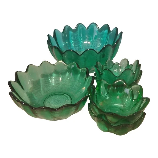 1960s Blenko Mid-Century Modern Teal Lotus Flower Bowls- Set of 6