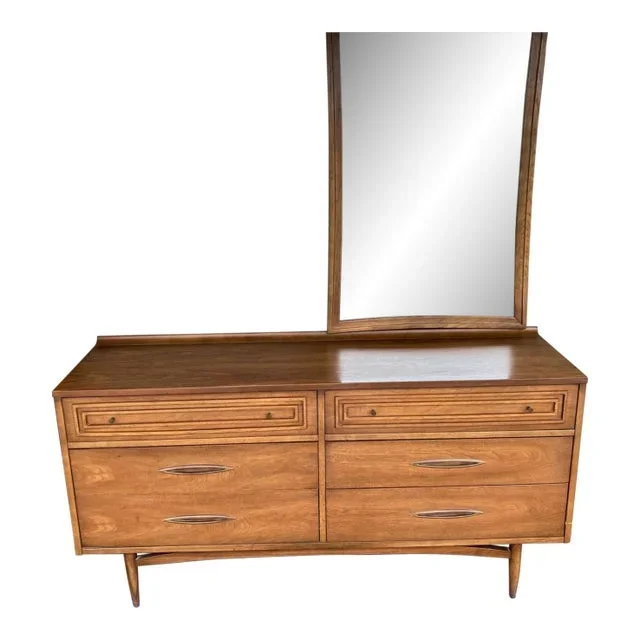 1960s Broyhill Sculptra Mid Century Walnut 6 Drawer Lowboy Dresser