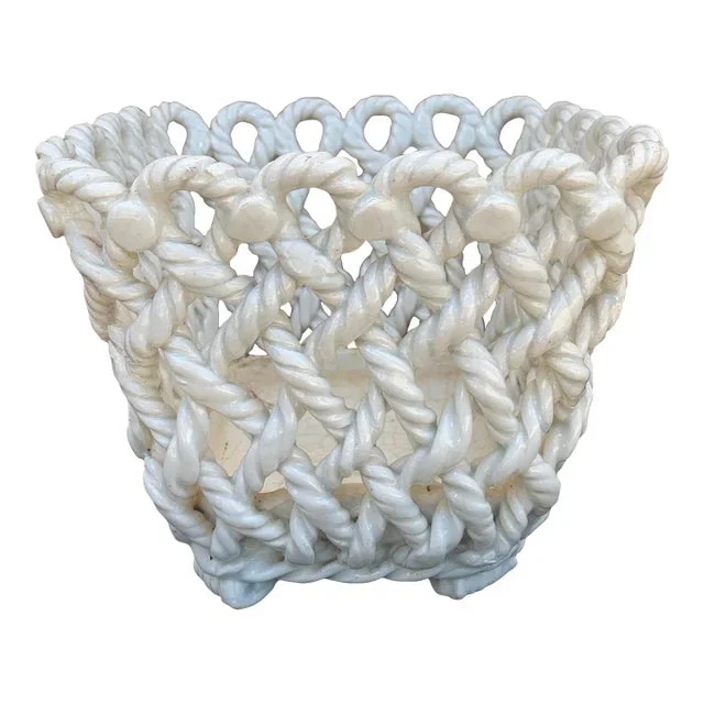 1960s French Country White Ceramic Woven Rope Cachepot Basket