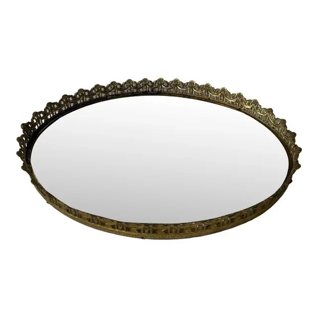 1960s Large Ornate Oval Mirrored Brass Vanity Tray