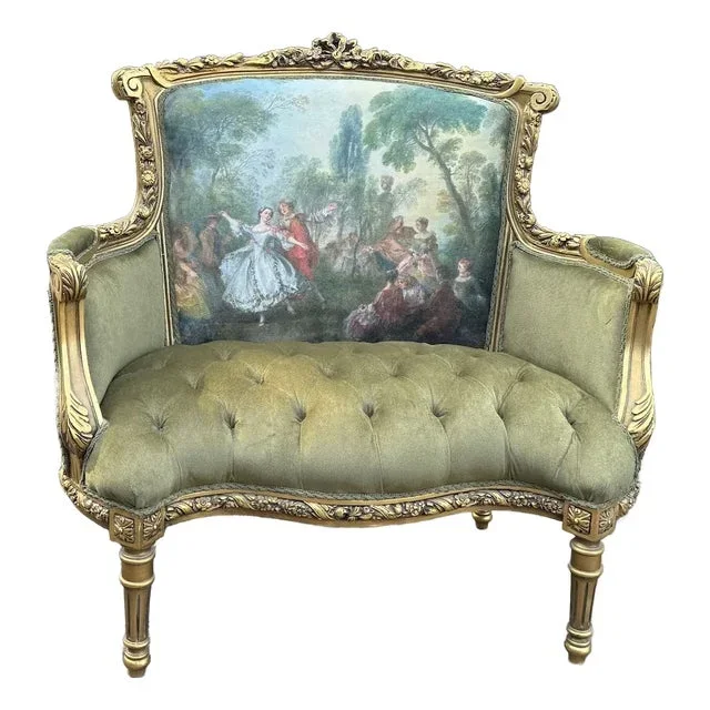 1960s Louis XVI French Loveseat Beech Velvet Green Gold