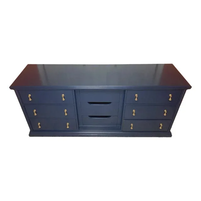 1960s Mid Century 9 Drawer Dresser by Basset / Navy