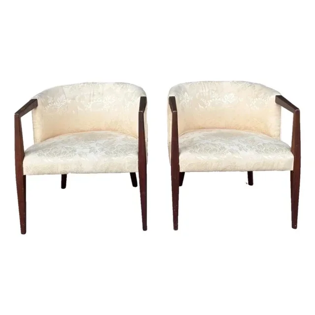 1960s Pair of Vintage Mid-Century Modern Barrel Armchairs – Cream Jacquard & Walnut