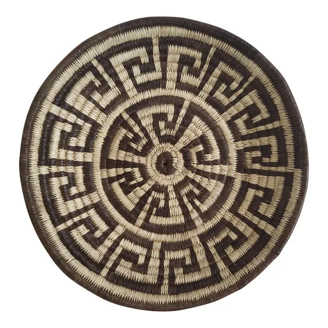 1960s Small Brown Greek Key Handwoven Basket