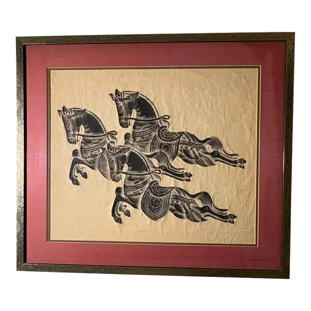 1960s Thai Temple Rubbing Featuring Three Horses Charcoal on Rice Paper Gold Frame