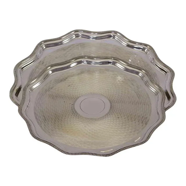 1970’s Vintage/New Set of 2 Silverplate Scalloped Edge Salvers, Gadroon Mount, Engine Turned/Guilloché