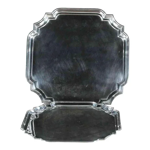 1970’s Vintage/New Walker & Hall Silverplate Square Salvers, Chippendale Shaped Corners- Set of 2