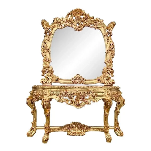 1970s Baroque Rococo Gilded Beech Console Table & Mirror Set W/ Marble