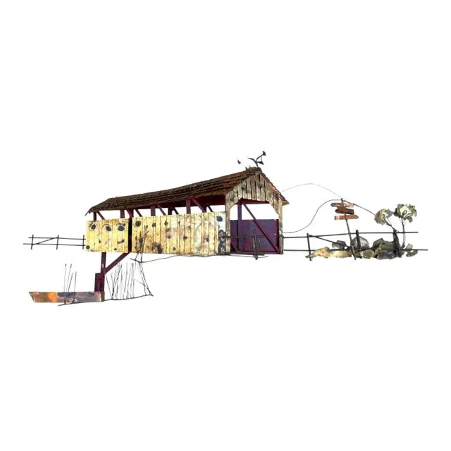 1970s Curtis Jere Signed Wall Sculpture – Covered Bridge With Row Boat & Scenic Detailing