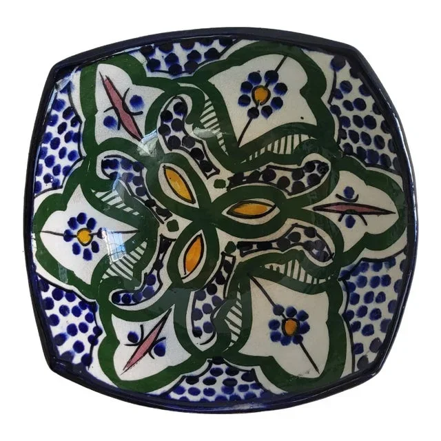 1970s Hand Painted Blue, White and Green Ceramic Pottery Dish