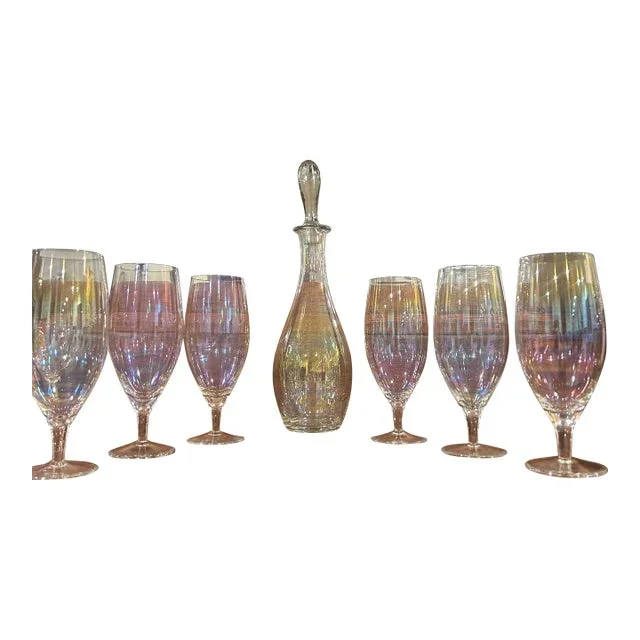 1970s Mid Century Modern Iridescent Iced Tea Glasses or Wine With Matching Decanter- 7 Pieces