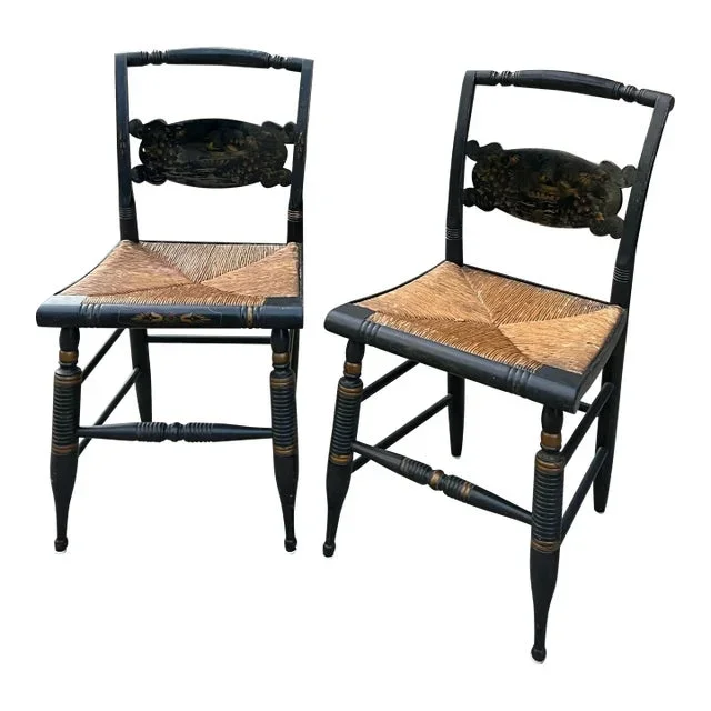 1970s Pair of Black Wooden Italian Rush Chairs
