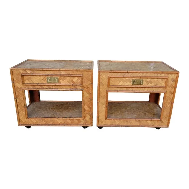 1970s Pair Woven Rattan Bedside Tables