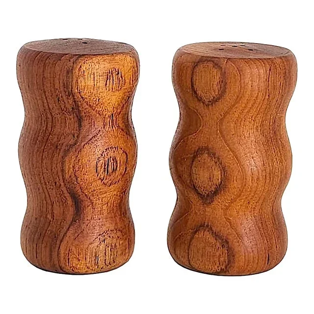 1970s Teak Wood Curvy Salt and Pepper Shakers, a Pair