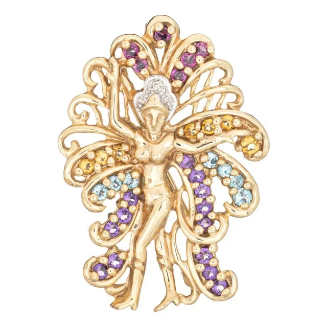 1970s Vintage Las Vegas Showgirl Gemstone Pendant 10k Yellow Gold Brooch Fine Jewelry