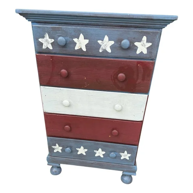 1970s Vintage Mastercraft Patriotic Diminutive Chest of Drawers Hand Painted-Stars Stripes Usa