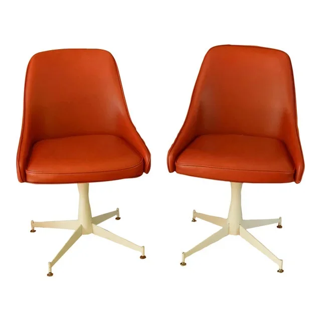 1970s Vintage Progressive Furniture Co. Red Vinyl Swivel Base Chairs- Set of 2
