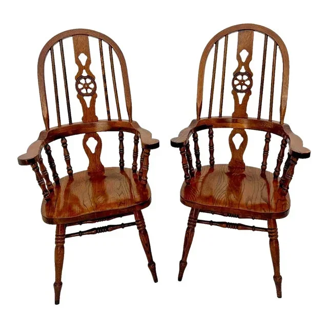 1970s Vintage Solid English Oak Windsor Arm Chairs- Set of 2