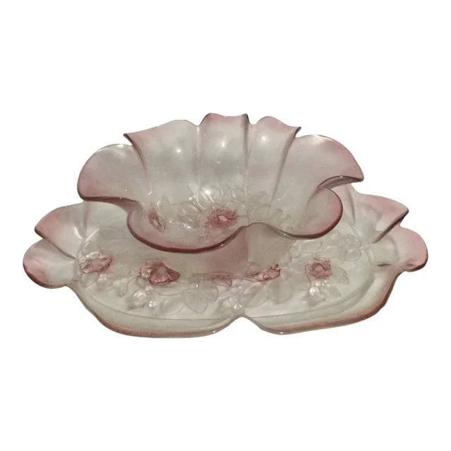 1970s Walther Glass Mikasa Pink Rosella Crystal Serving Tray and Bowl