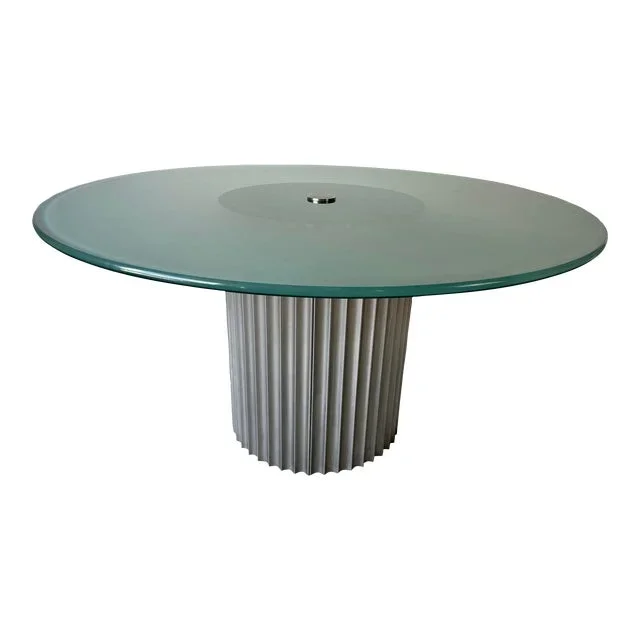 1980’s Italian Postmodern Luigi Saccardo- Style Brushed Steel and Glass Top Round Dining Table