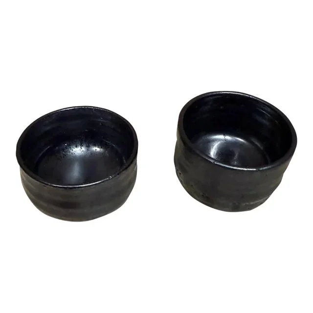 1980s Glazed Black Seto Art Pottery Matcha Tea Bowls