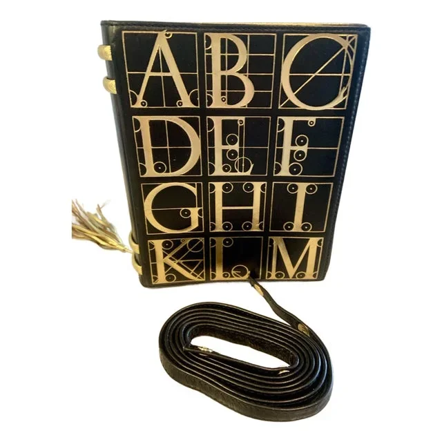 1980s Paloma Picasso Black and Gold Leather Book Bag