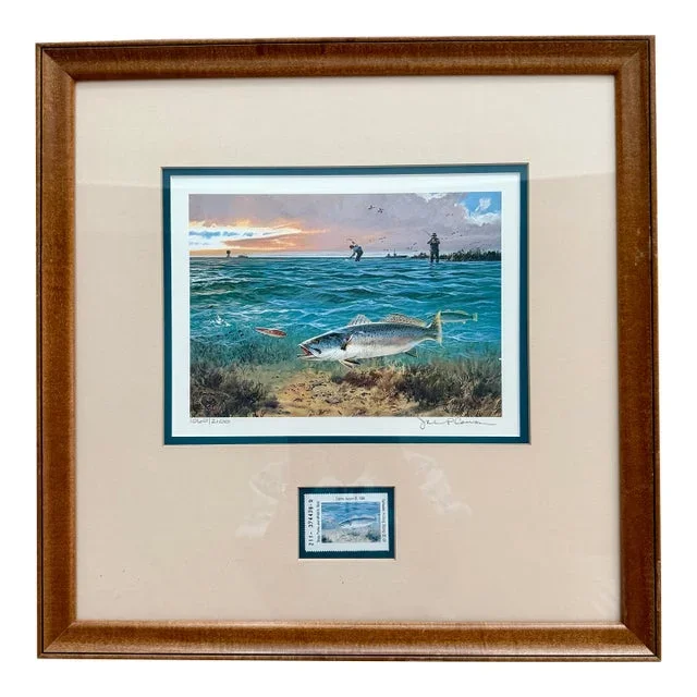1980s Texas Original Saltwater Print and Stamp, Framed
