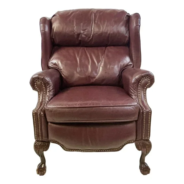 1980s Vintage Chippendale Hollywood Regency Leather Reclining Wingback Chair, Burgundy
